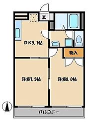 JR武蔵野線 越谷レイクタウン駅 徒歩28分の賃貸アパート 2階2DKの間取り