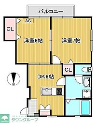 リバーサイドメゾンA 2DKの間取図画像