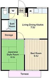 ハタノコーポ中野上町 2DKの間取図画像