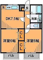 アムール HAPPINESS 2階2DKの間取り