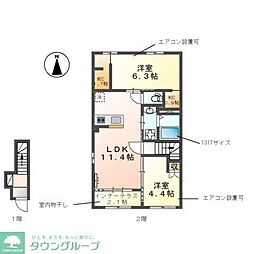 東武東上線 鶴ヶ島駅 徒歩15分の賃貸アパート 2階2LDKの間取り