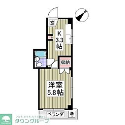 JR中央線 立川駅 徒歩15分の賃貸マンション 2階1Kの間取り