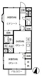 ハスニューハウンA棟 2DKの間取図画像
