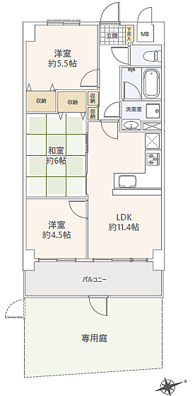 1階住戸ならではの特権である「専用庭」は、まるで注文住宅の庭を手に入れたかのような贅沢さ。