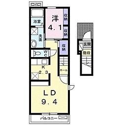 かりんＢ 2階1LDKの間取り