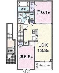 スカイブルーＡ 2階2LDKの間取り