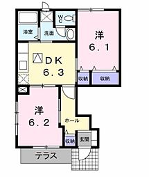 リスプランタンA棟 2DKの間取図画像