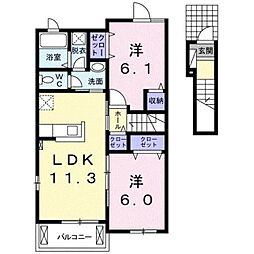JR豊肥本線 新水前寺駅 バス30分 竜穴下車 徒歩6分の賃貸アパート 2階2LDKの間取り