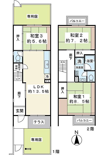 2階に浴室と洗面室を集約し、洗濯物をそのままバルコニーへ干せる家事動線に配慮した間取りです。