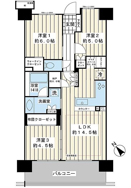 【間取り図】南西向き・専有面積70.02m2の3LDK。WICや納戸など豊富な収納スペースを配置。