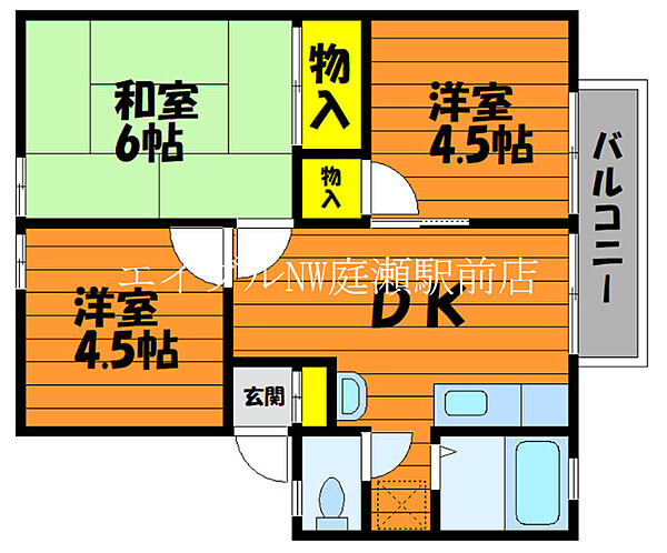 永瀬ＡＰ ｜岡山県倉敷市西富井(賃貸アパート3DK・1階・45.20㎡)の写真 その2