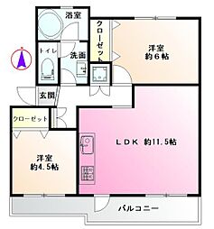 鶴川6丁目団地6-9-2 2LDKの間取図画像