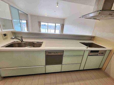 広々としたカウンターキッチンで作業スペースがしっかり確保されています。シンクとコンロの配置もバランス良く調理のしやすさが感じられる設計です。収納スペースも多く小物や調理器具の整理整頓に便利です。
