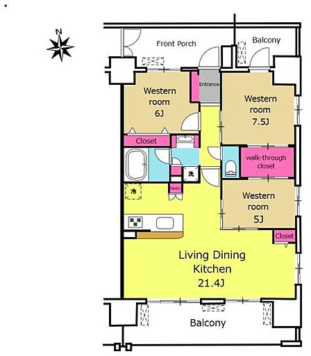 各部屋が独立して配置されておりプライベート空間が確保されています。リビングダイニングキッチンは21.4畳と広々としています。ウォークスルークローゼットやクローゼットも充実しています。