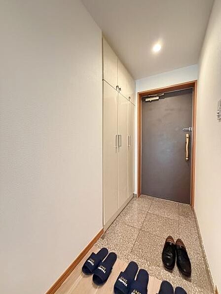玄関には収納スペースが設けられており靴や小物の整理にも役立ちます。シンプルなデザインで清潔感があります。玄関ドアには取っ手が付いており開け閉めもスムーズです。
