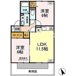 グランディール　B棟 1階2LDKの間取り