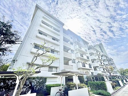 明るい日差しが差し込む白を基調とした建物が印象的です。緑に囲まれたエントランス周辺は落ち着いた雰囲気を感じさせます。バルコニーも広くゆったりとした佇まいが特徴です。