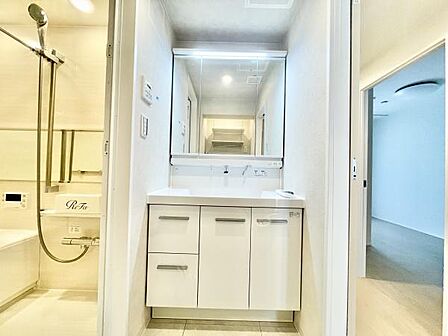 清潔感のある洗面台で収納スペースも充実しています。大きな鏡が魅力的で毎日の身支度がスムーズに行えます。隣接する浴室への動線も良好です。明るい空間が印象的です。