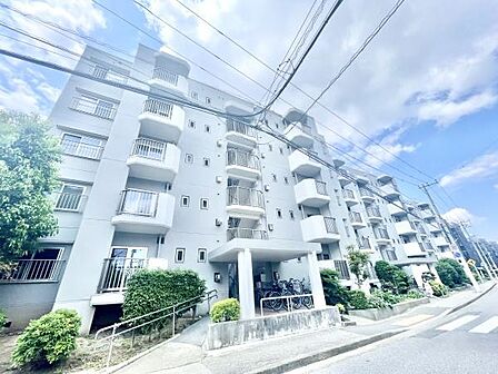 開放感のある外観が特徴です。バルコニーが複数設けられており各住戸にゆとりが感じられます。植栽も取り入れられており緑のアクセントが印象的です。柱付きのエントランスが建物の印象を引き締めています。