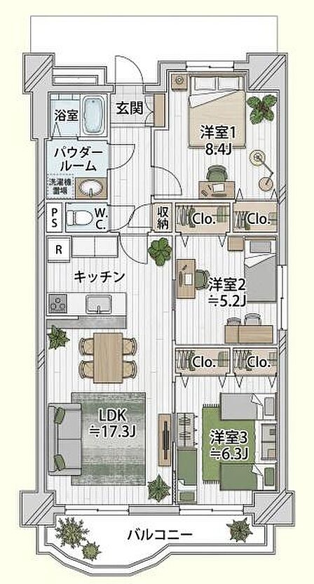 3つの洋室と広々としたリビングダイニングキッチンが魅力の間取りです。ウォークインクローゼットや収納スペースが確保されており日常生活に便利です。バルコニー付きで開放感を感じられるレイアウトです。