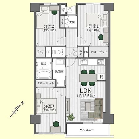 3つの洋室に加えて広々としたリビングダイニングキッチンが特徴の間取りです。バルコニーに面した明るい空間が魅力です。各部屋には収納スペースも設けられており生活しやすい設計です。