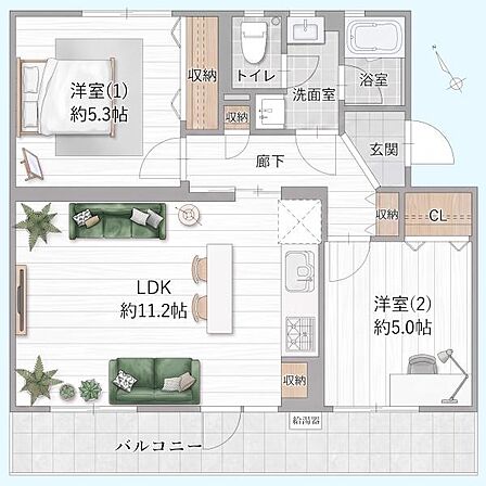 2つの洋室とLDKがバランス良く配置されています。収納スペースが各所に設けられており住まいの整理がしやすいです。バルコニーに面したLDKは開放感を感じられる設計です。