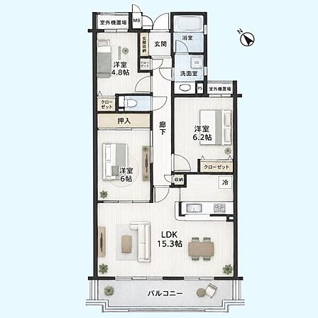 各部屋が独立しておりプライベート空間を確保しやすい間取りです。リビングダイニングキッチンが広々としており家具の配置もしやすい設計です。
