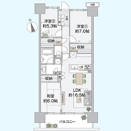 各居室に収納スペースが用意されており荷物の整理がしやすい間取りです。リビングダイニングキッチンは約16.5帖と広々としています。和室も備えられており多用途にご利用いただけます。