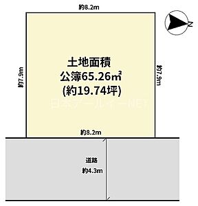 区画図:土地面積約19.74坪 接道約8.2m広めの駐車スペースや、お好みの間取りや豊富な収納プランなど、いろんな間取りが可能です 区画図:土地面積約19.74坪 接道約8.2m広めの駐車スペースや、お好みの間取りや豊富な収納プランなど、いろんな間取りが可能です