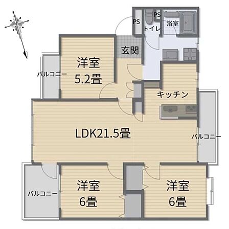 東西にバルコニーがあり、風が通りの良い間取りです