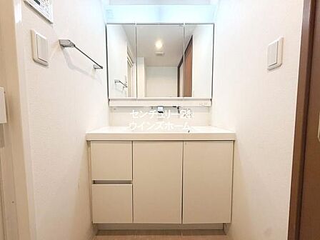 使い勝手の良い三面鏡タイプのシャンプードレッサー。鏡の角度が変えられるのでヘアスタイルやメイクにこだわる方に嬉しいですね！鏡の後ろは収納になっているので細々したものを収納できます。