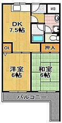 スリースター泉尾 2DKの間取図画像