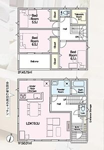 間取り：2階にテレワークルーム付きの3SLDK、2階建て！