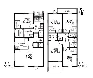 間取り：全室フローリングの5LDK、2階建て！2階全室にウォークインクローゼット付き！