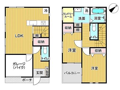 間取り:バイク用のビルドインガレージが付いた2LDKは共働き夫婦や趣味を満喫できるお住まいとしてもオススメ。洗う、干す、しまうが2階で完結する家事の時短が可能な水周りです。 間取り:バイク用のビルドインガレージが付いた2LDKは共働き夫婦や趣味を満喫できるお住まいとしてもオススメ。洗う、干す、しまうが2階で完結する家事の時短が可能な水周りです。