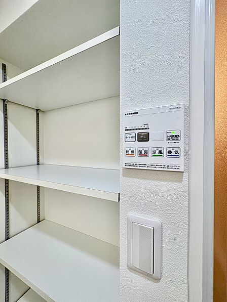 可動棚と壁面収納を備えた収納スペース