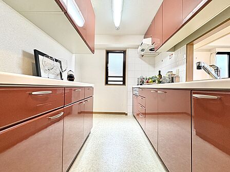 収納付きのシステムキッチンを備えた明るい空間