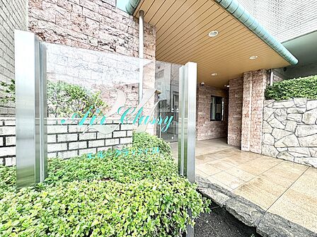 植栽と水路のあるタイル張りのアプローチ