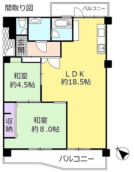 2LDKの間取りになります。一人暮らしでもファミリーでも様々な家族構成に対応出来るため、人気の高い間取りです!