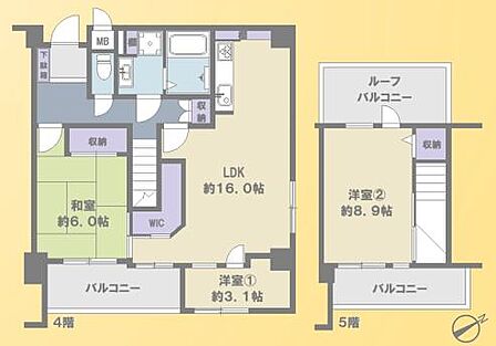 専有面積89.76平米　バルコニー12.6平米　ルーフバルコニー8.4平米　3LDK＋WIC　収納完備！ペット飼育可♪