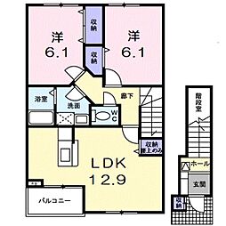 ソレアード　カーサＤ 2階2LDKの間取り