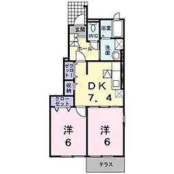 エヴァーアトラス 1階2DKの間取り