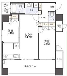 リーガルタワー大阪 2LDKの間取図画像