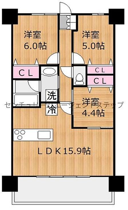 3つの洋室と広々としたLDKが特徴の間取りです。各部屋に収納スペースが設けられており使い勝手にも配慮されています。リビングは15.9帖とゆとりのある広さで様々なレイアウトが可能です。