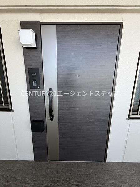 落ち着いた色合いの玄関ドアが印象的です。スリット状のガラスが採光を確保しています。インターホンや郵便受けがスマートに配置されています。シンプルなデザインで清潔感があります。