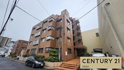外観：オレンジ色のタイル張りが特徴的なマンションです。