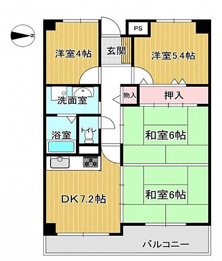 各部屋がバランスよく配置されており使い勝手の良い間取りです。和室が二部屋続きで広々とした空間を確保できます。収納スペースも押入れや物入があり荷物の整理にも便利です。