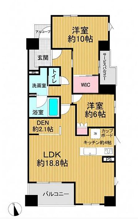 LDKは約18.8帖と広々とした空間が確保されています。洋室はそれぞれ約10帖と約6帖がありゆとりのある間取りです。ウォークインクローゼットが備わっており収納力にも配慮されています。