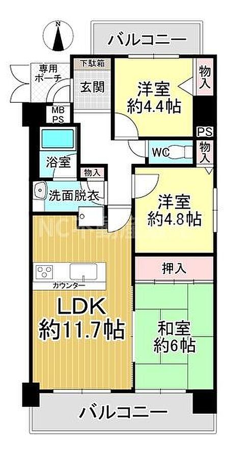 LDKは約11.7帖と広さがあり使いやすい間取りとなっています。和室は約6帖でくつろぎ空間にもなります。各洋室にも収納スペースが確保されています。