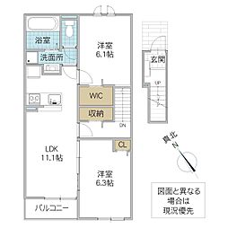 アンソレイユ松山 2階2LDKの間取り